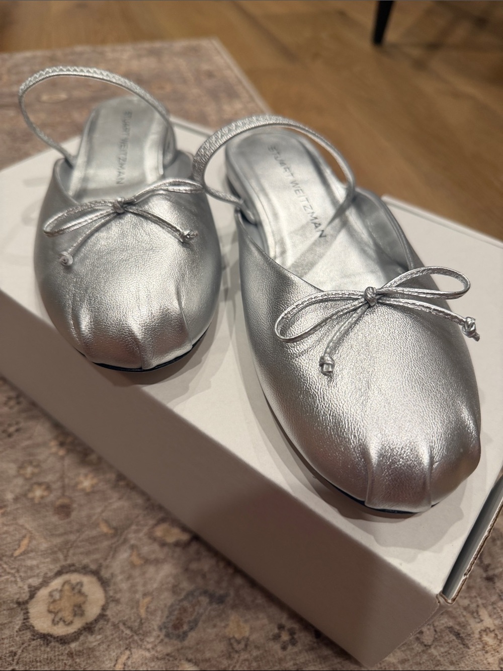 Stuart Weitzman Silver Metallic Slingback Ballet Flats with Bow